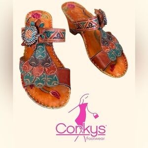 Corkys Multicolor Floral Leather Sandals - Brown/Teal/Orange